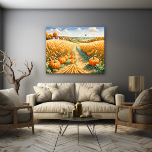 Poster: Hilly Landscape with Wheat Field and Pumpkins