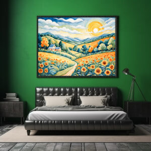Poster: Pastel Landscape with Sunflower Fields and Path