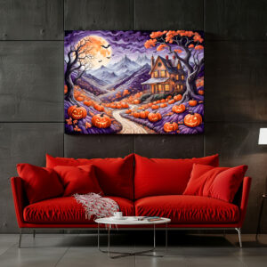 Poster: Spooky Halloween Villa with Pumpkins and Bats