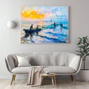 Poster: Fishermen at Sunset Impressionist Coastal Scene