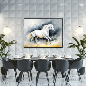 Poster: White Horse Running in Sand, Dark Background