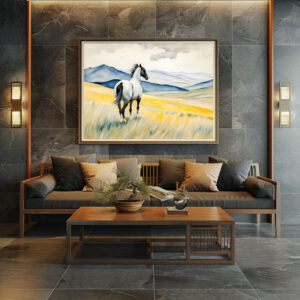 Poster: White Horse Running in Sand, Dark Background