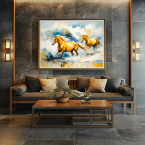 Poster: Two Chestnut Horses Running Through Red Sand