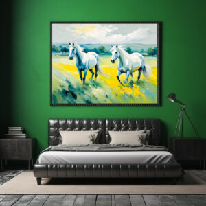 Poster: Two White Horses Running Through Yellow Flowers