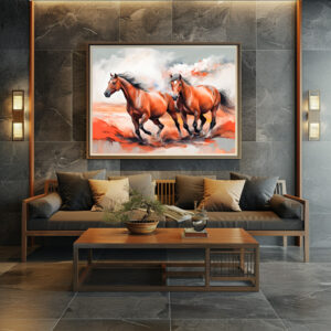 Poster: Two Chestnut Horses Running Through Red Sand