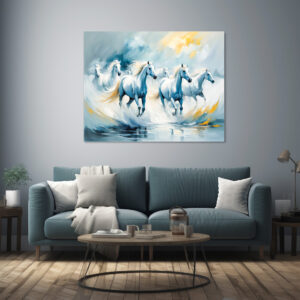 Poster: Large Group of White Horses Running Through Sea