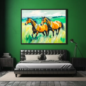 Poster: Two Brown Horses Running Across Green Meadow