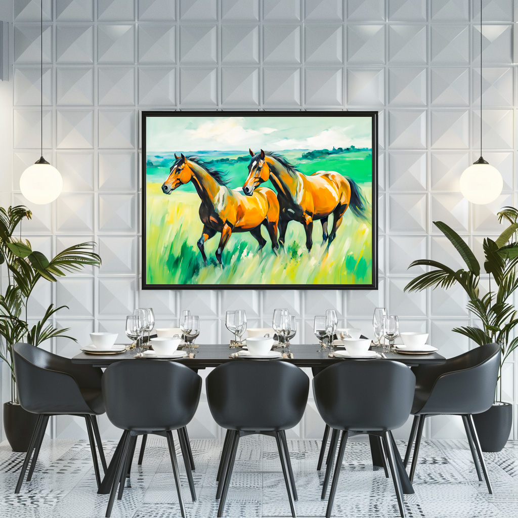 Poster: Two Brown Horses Running Across Green Meadow - immagine 2