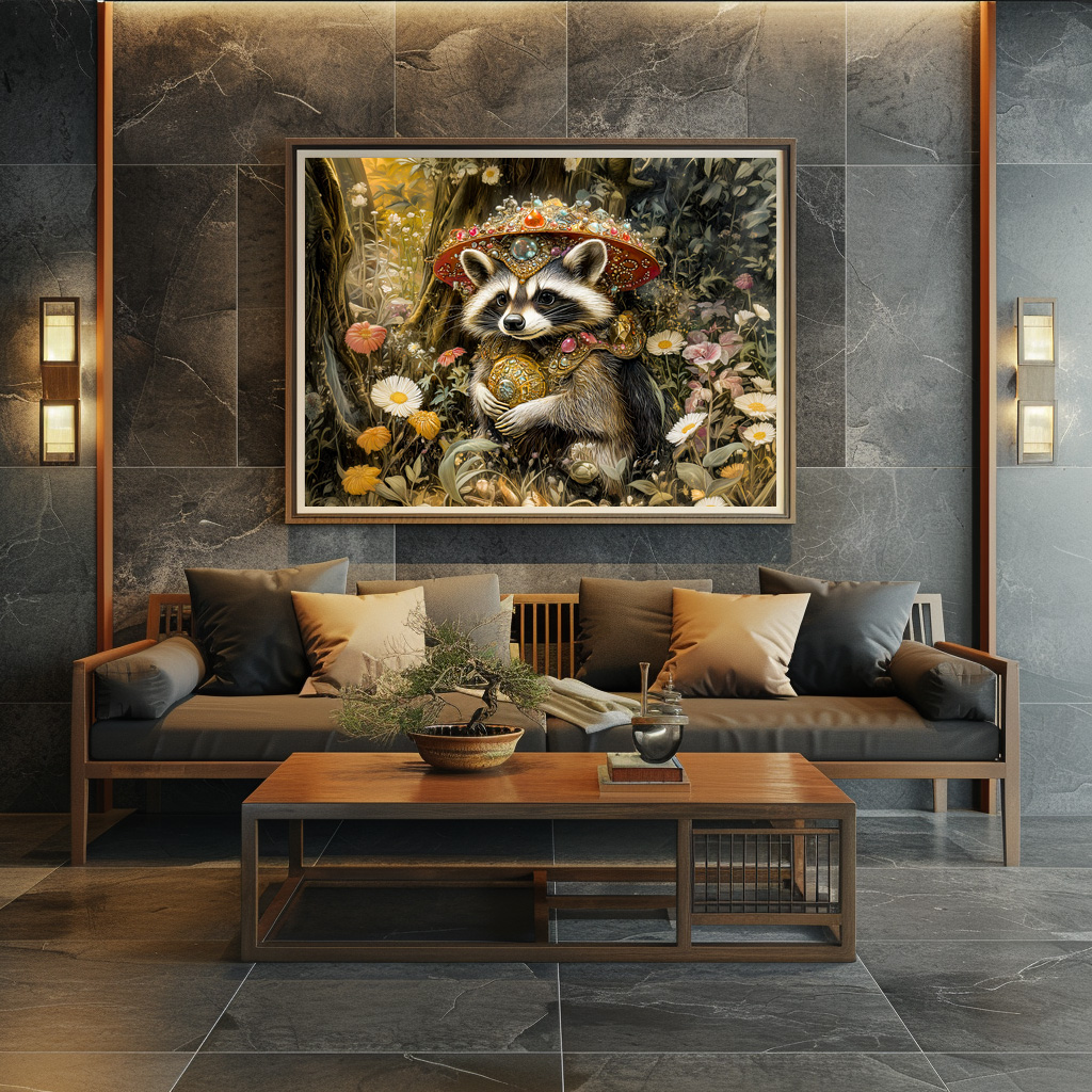 Poster: Raccoon with a Fly Agaric Mushroom in Fantasy Forest - immagine 2