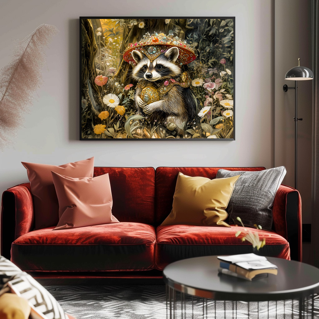 Poster: Raccoon with a Fly Agaric Mushroom in Fantasy Forest