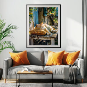 Poster: A sleeping cat rests peacefully in a cozy environment on bench in front of a house