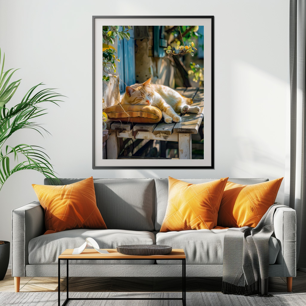 Poster: A sleeping cat rests peacefully in a cozy environment on bench in front of a house