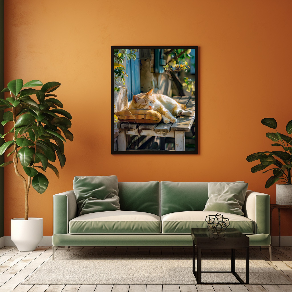 Poster: A sleeping cat rests peacefully in a cozy environment on bench in front of a house – Image 2