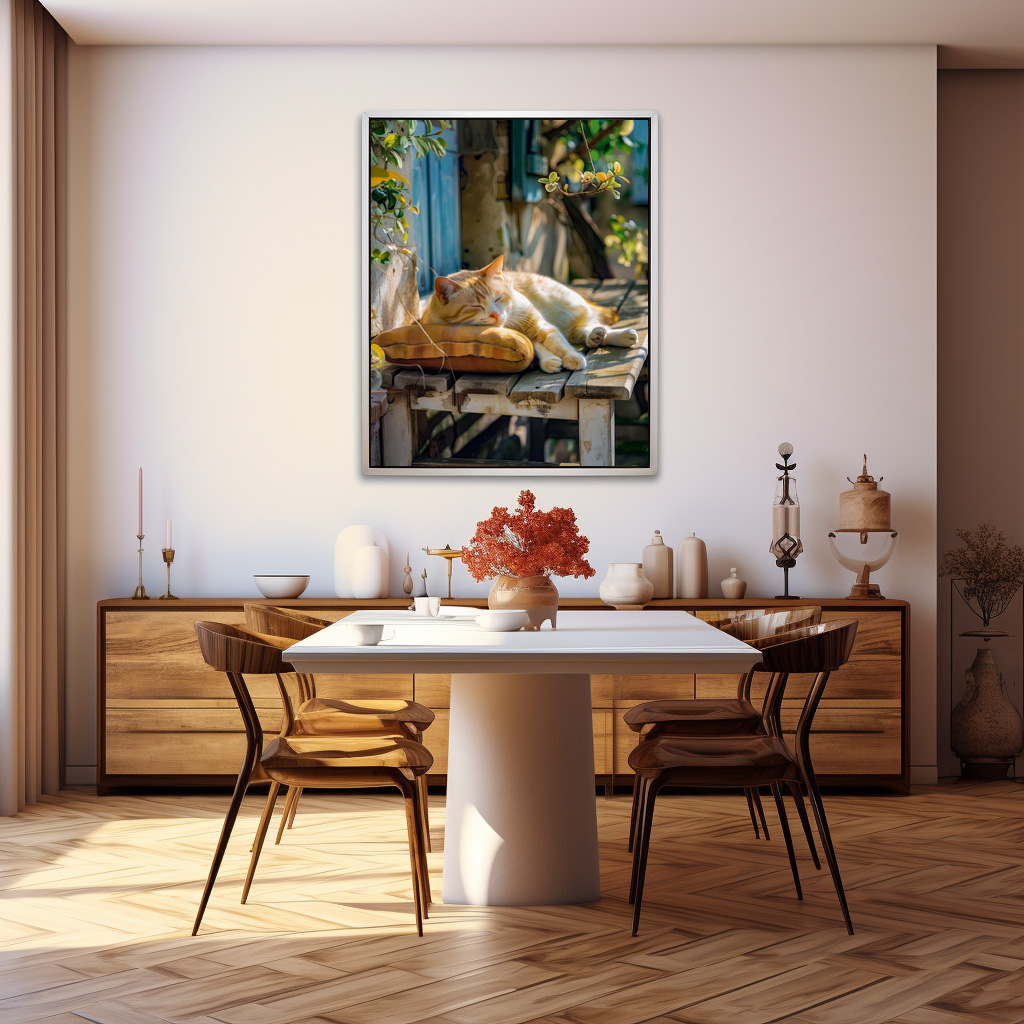 Poster: A sleeping cat rests peacefully in a cozy environment on bench in front of a house – Image 3