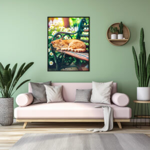 Poster: Cozy Cat Napping in Comfortable Setting on a garden bench