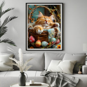 Poster: Cute Cat Sleeping in Wicker Basket Surrounded by Easter Eggs