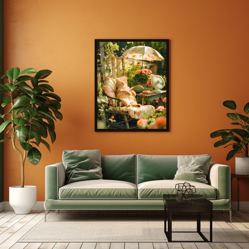 Poster: Cat Relaxing in Deck Chair Under Sun Umbrella - immagine 2