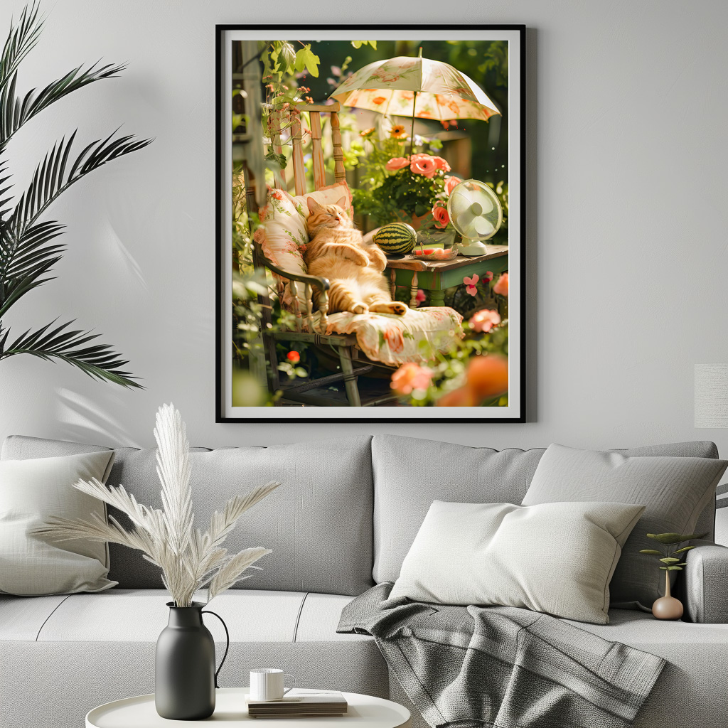 Poster: Cat Relaxing in Deck Chair Under Sun Umbrella - immagine 3