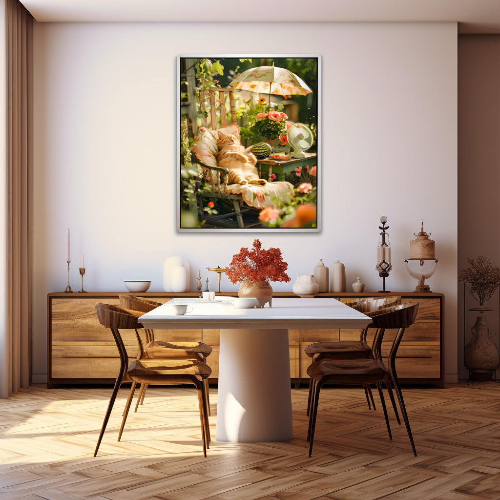 Poster: Cat Relaxing in Deck Chair Under Sun Umbrella