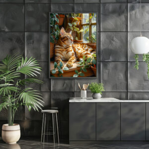 Poster: Cozy Cat Napping in Comfortable Setting on lost place