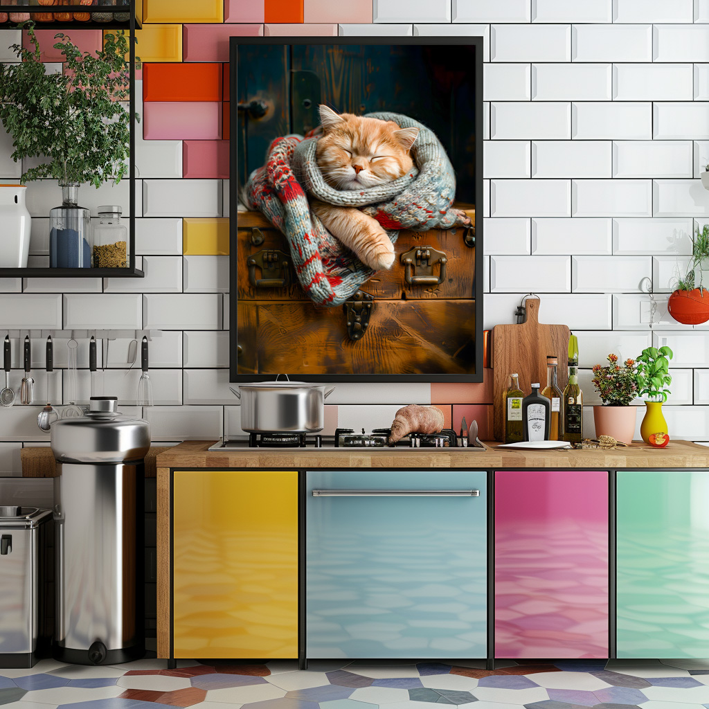 Poster: Cozy Cat Napping in Comfortable Setting on a wooden box