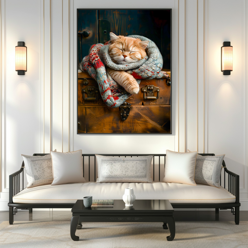 Poster: Cozy Cat Napping in Comfortable Setting on a wooden box - immagine 2