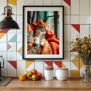 Poster: cat rests peacefully in a cozy environment under a blanket next to a window