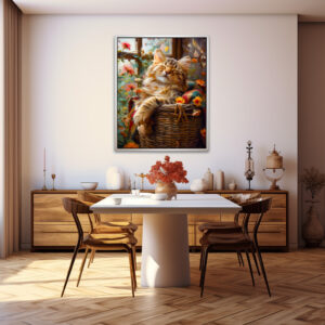 Poster: Cozy Cat Napping in Comfortable Setting in a basket