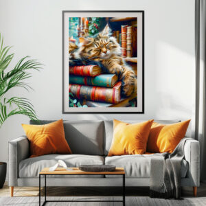 Poster: Cozy Cat Napping in Comfortable Book Setting