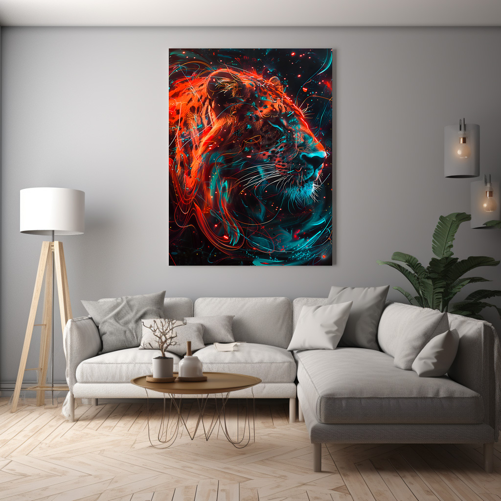 Poster: Reddish Turquoise Neon Lion Light
