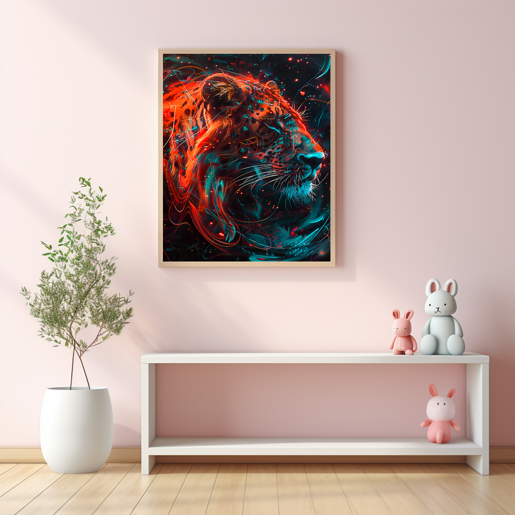 Poster: Reddish Turquoise Neon Lion Light – Image 2