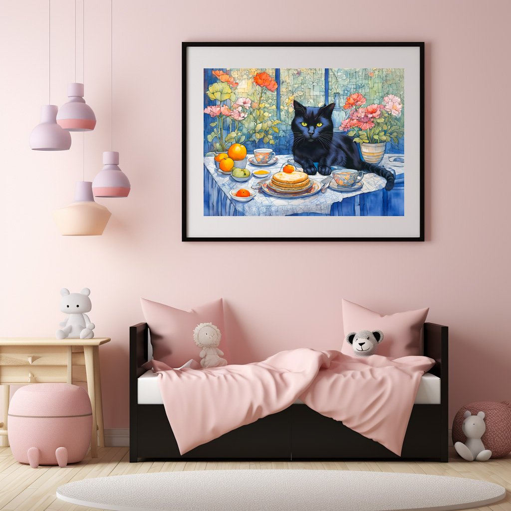 Poster: Watercolor Black Cat with Tea Table