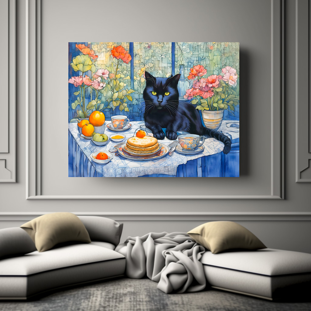Poster: Watercolor Black Cat with Tea Table - Imagen 2