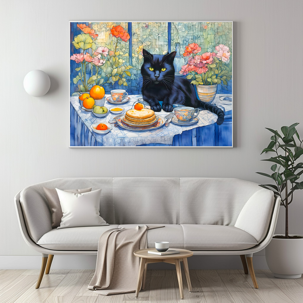 Poster: Watercolor Black Cat with Tea Table - Imagen 3