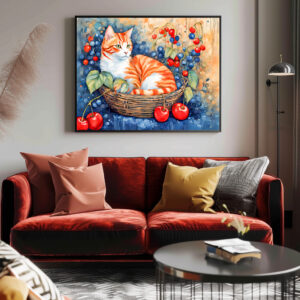 Poster: Watercolor Cat in Basket with Cherries