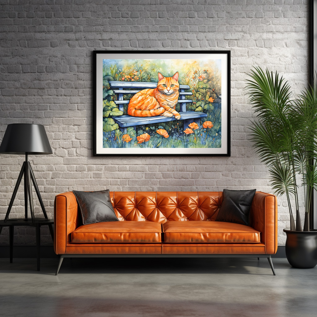 Poster: Watercolor of Cat on Bench in Flower Garden - Imagen 2