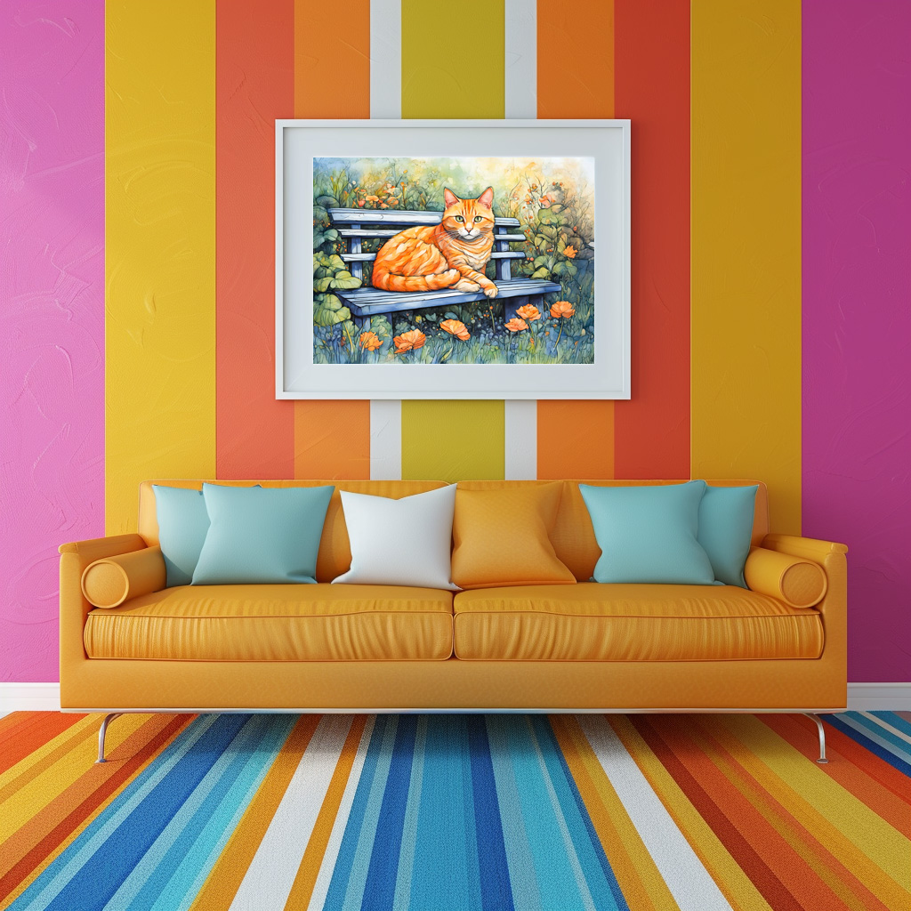 Poster: Watercolor of Cat on Bench in Flower Garden - Imagen 3