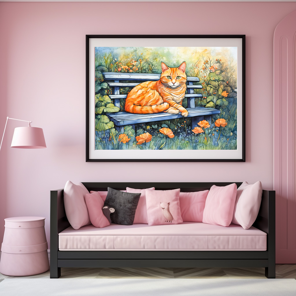 Poster: Watercolor of Cat on Bench in Flower Garden