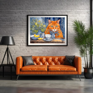 Poster: Watercolor Orange Cat with Lemon Tea