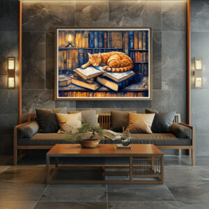 Poster: Watercolor Orange Cat Sleeping on Books