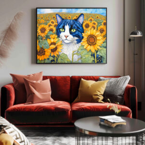 Poster: Watercolor Blue-Eyed Cat in Sunflowers