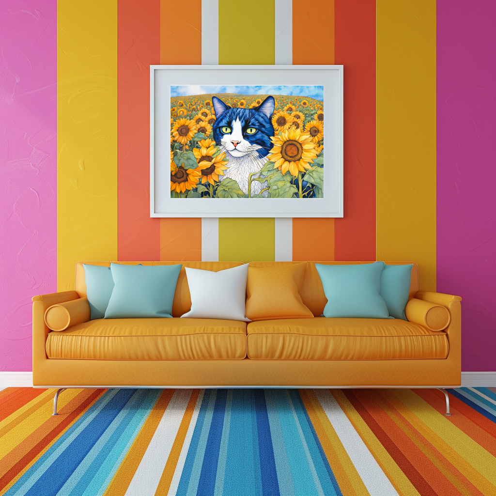 Poster: Watercolor Blue-Eyed Cat in Sunflowers - Imagen 2
