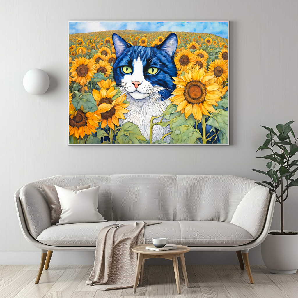 Poster: Watercolor Blue-Eyed Cat in Sunflowers - Imagen 3