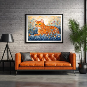 Poster: Watercolor Orange Cat Relaxing in Flowers