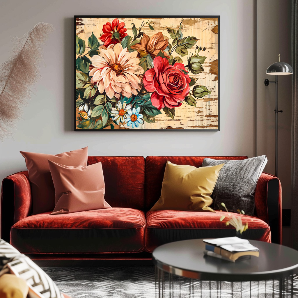 Poster: Dahlias and Roses on Cracked Wooden Wall