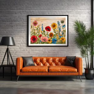 Poster: Poppies and Wildflowers on Soft Rustic Wood