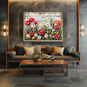 Poster: Red Tulips and Daisies on White Planks