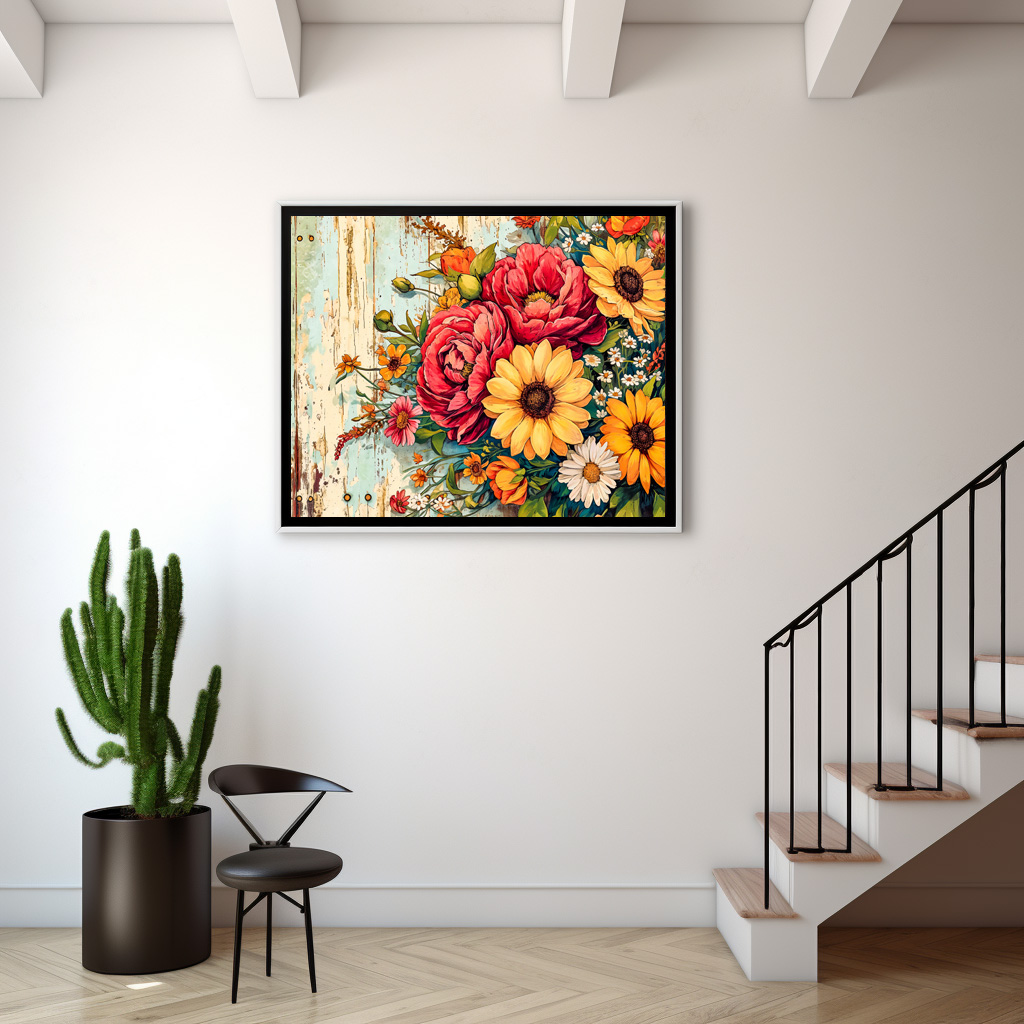 Poster: Red and Yellow Garden Flowers on Wood