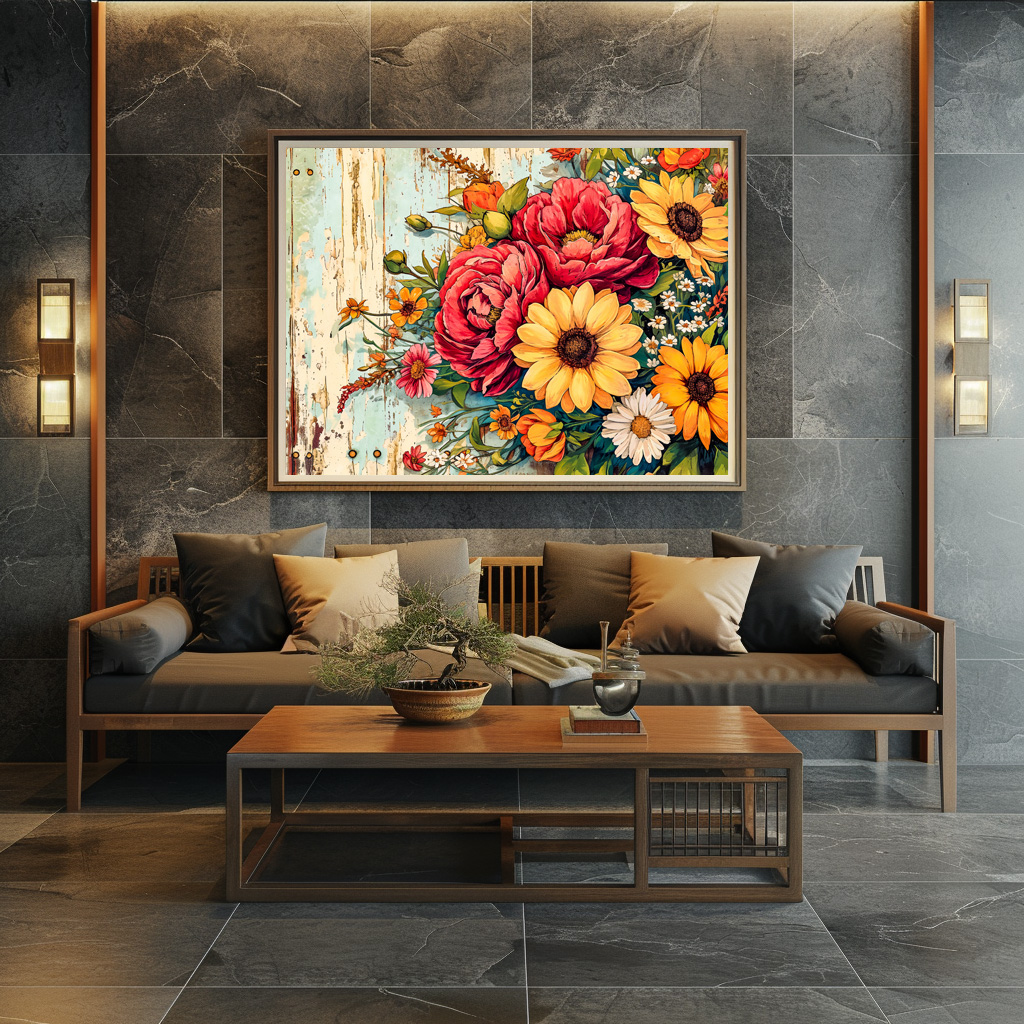 Poster: Red and Yellow Garden Flowers on Wood - Image 2