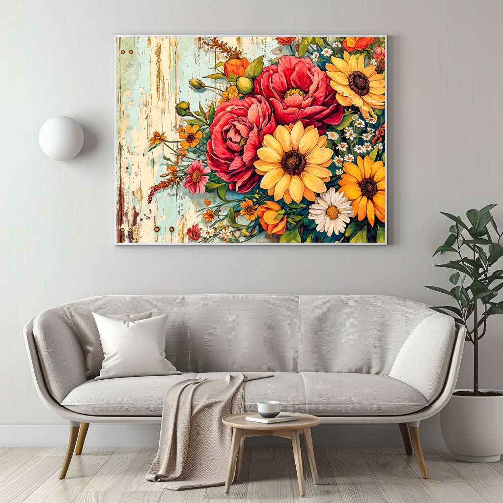 Poster: Red and Yellow Garden Flowers on Wood - Image 3